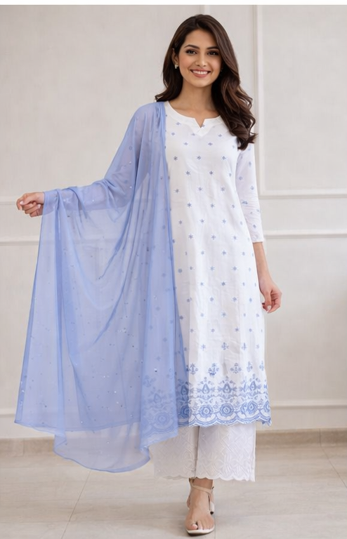 Women’s White & Blue Printed Kurta Set with Dupatta | Elegant Ethnic Wear for Daily & Festive Use