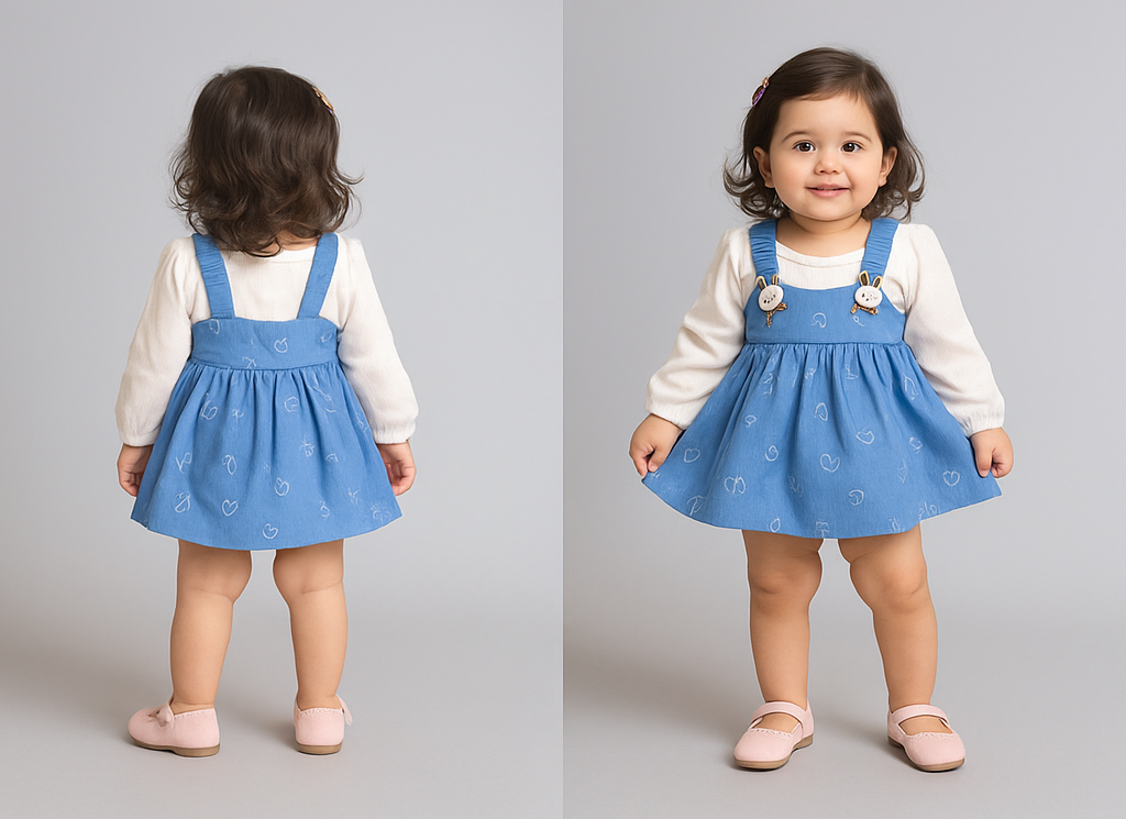 Cute Baby Girl Frock – Denim Blue Overall Style with Bunny Straps & Cream Top