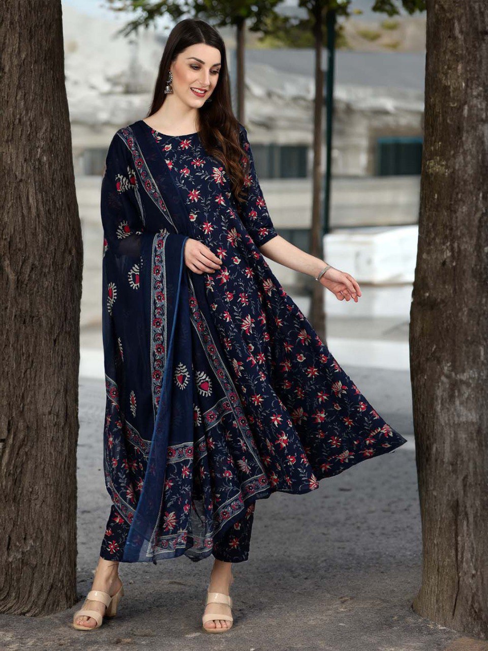 Women’s Navy Blue Floral Printed Kurta Set with Pant & Dupatta | Elegant Ethnic Wear | 3/4 Sleeve A-Line Kurti | Soft Fabric Daily Wear & Festive Outfit for Women