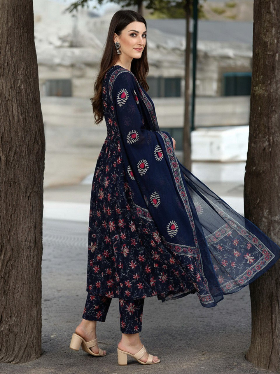 Women’s Navy Blue Floral Printed Kurta Set with Pant & Dupatta | Elegant Ethnic Wear | 3/4 Sleeve A-Line Kurti | Soft Fabric Daily Wear & Festive Outfit for Women