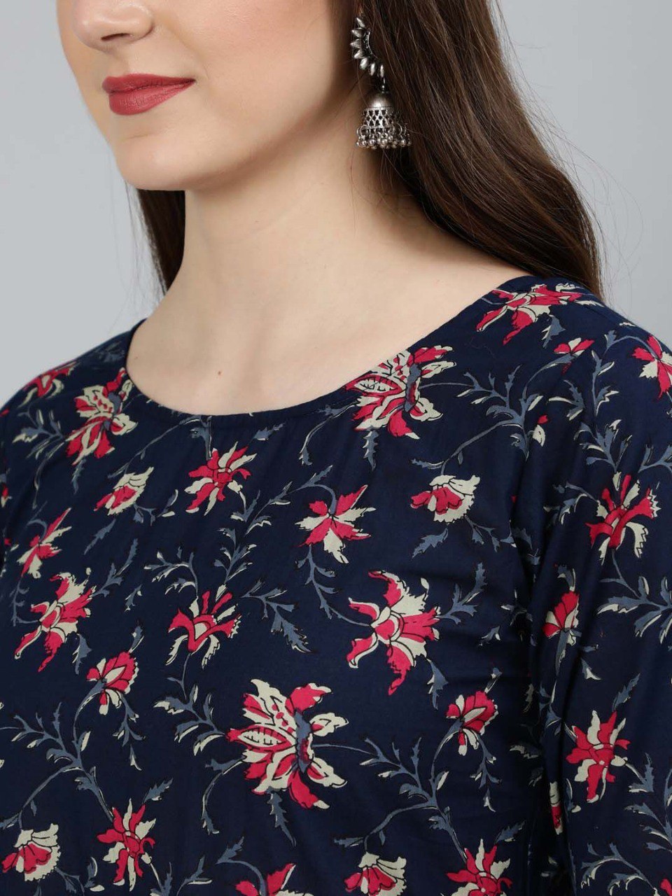 Women’s Navy Blue Floral Printed Kurta Set with Pant & Dupatta | Elegant Ethnic Wear | 3/4 Sleeve A-Line Kurti | Soft Fabric Daily Wear & Festive Outfit for Women