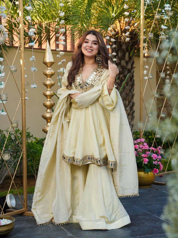 Cosmos Gold Jari Silk Sharara Set