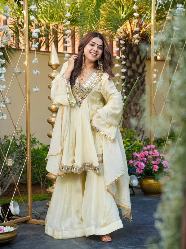 Cosmos Gold Jari Silk Sharara Set