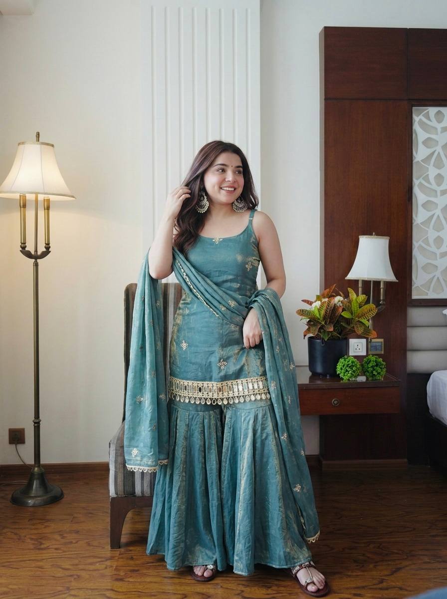 Elegant Fendy Silk Sharara Set with Real Mirror Work