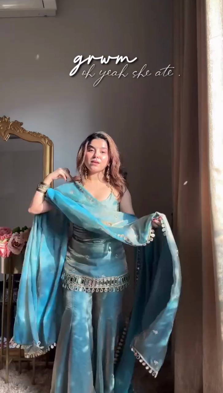 Elegant Fendy Silk Sharara Set with Real Mirror Work
