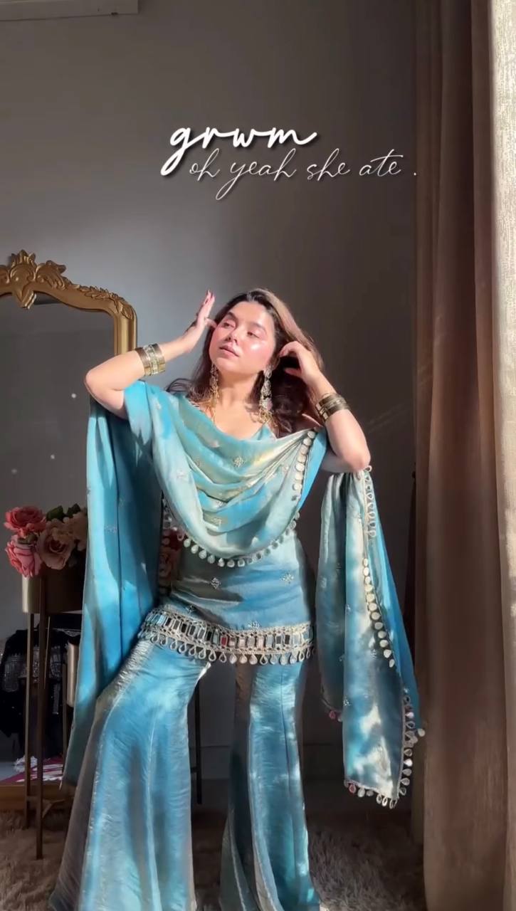 Elegant Fendy Silk Sharara Set with Real Mirror Work