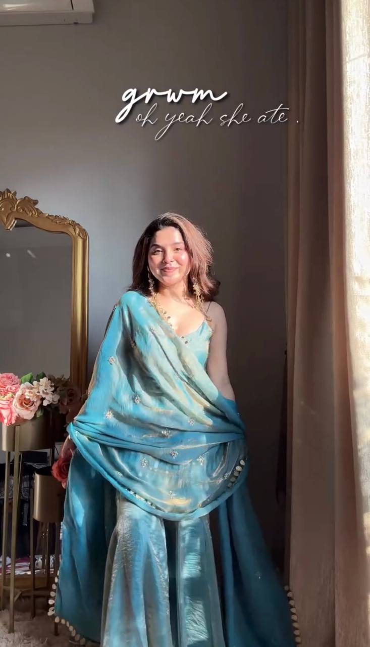 Elegant Fendy Silk Sharara Set with Real Mirror Work