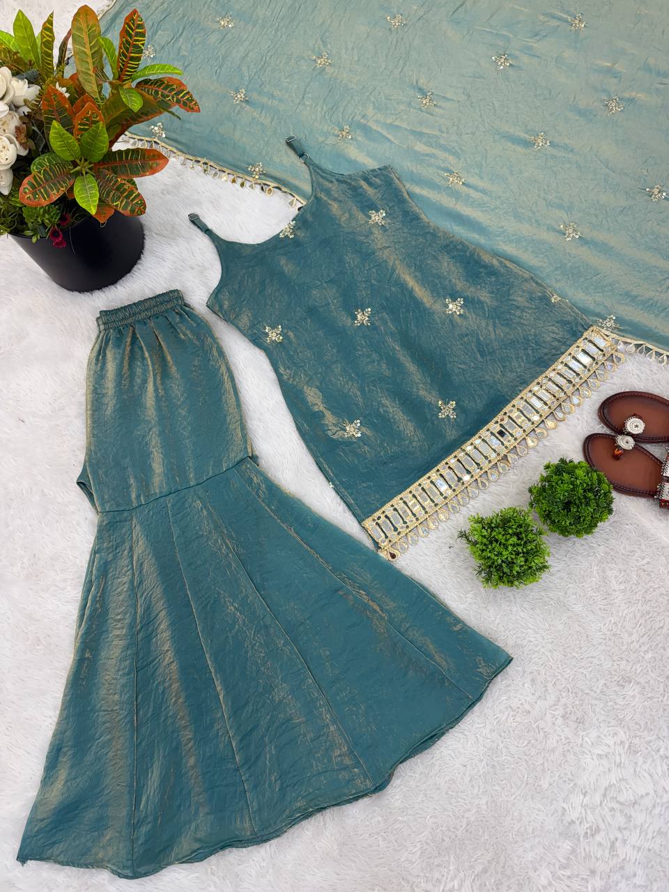 Elegant Fendy Silk Sharara Set with Real Mirror Work