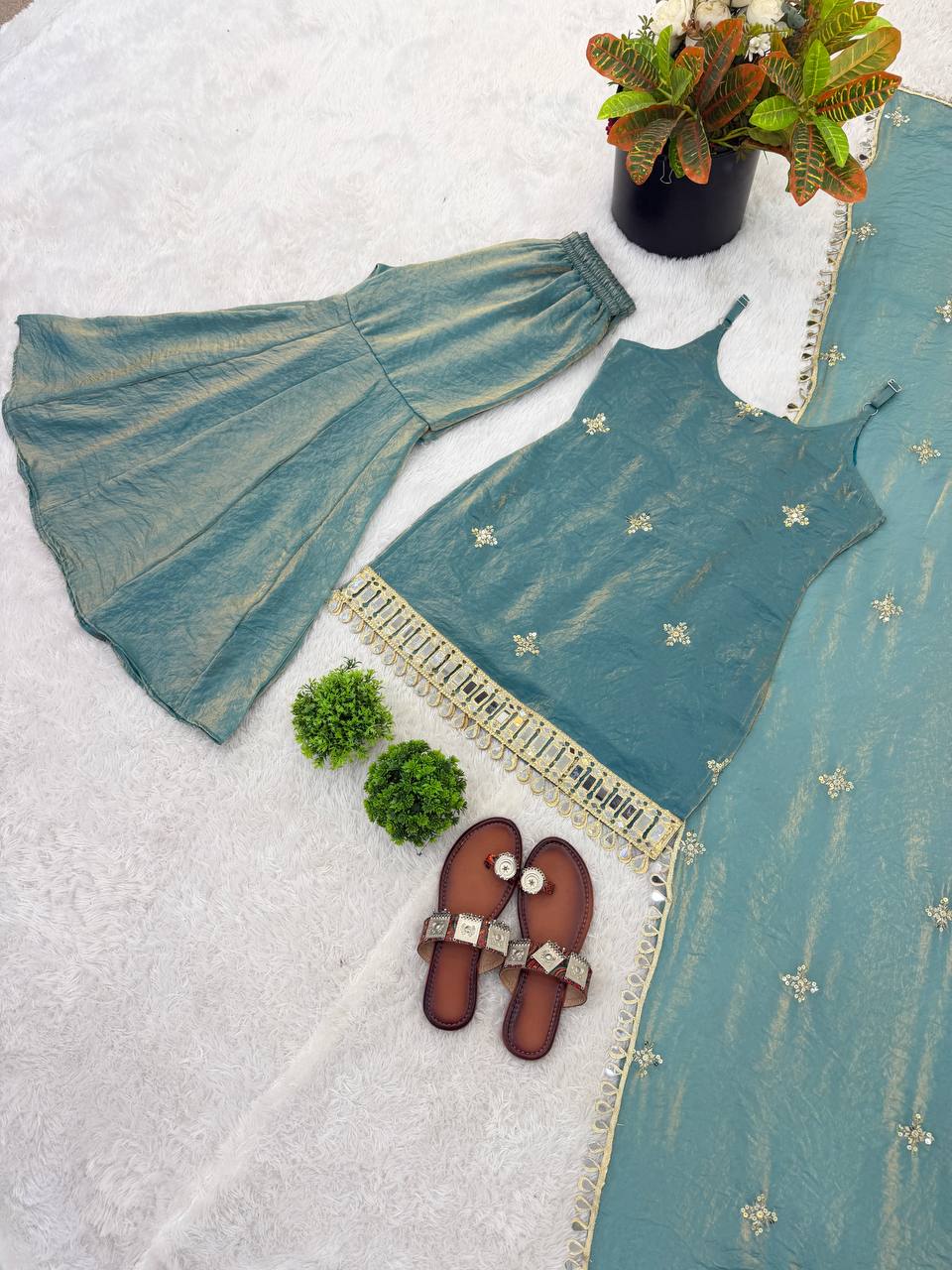 Elegant Fendy Silk Sharara Set with Real Mirror Work