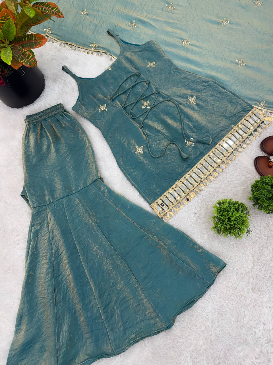 Elegant Fendy Silk Sharara Set with Real Mirror Work