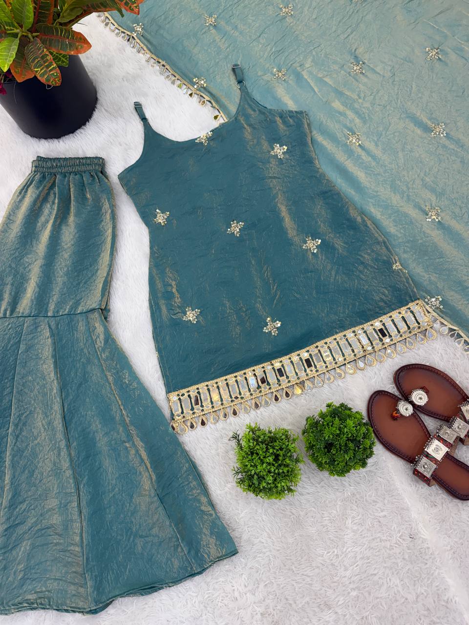 Elegant Fendy Silk Sharara Set with Real Mirror Work
