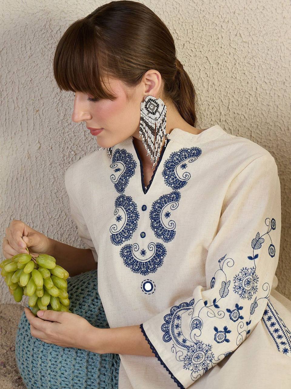 Women's Embroidered Kurta Set with Pants, Off-White with Blue Paisley Design, Cotton Blend, Traditional Indian Ethnic Wear