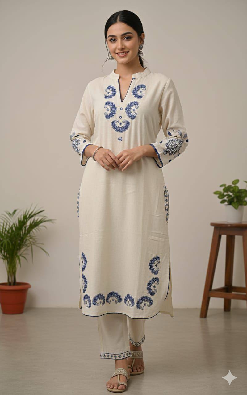 Women's Embroidered Kurta Set with Pants, Off-White with Blue Paisley Design, Cotton Blend, Traditional Indian Ethnic Wear