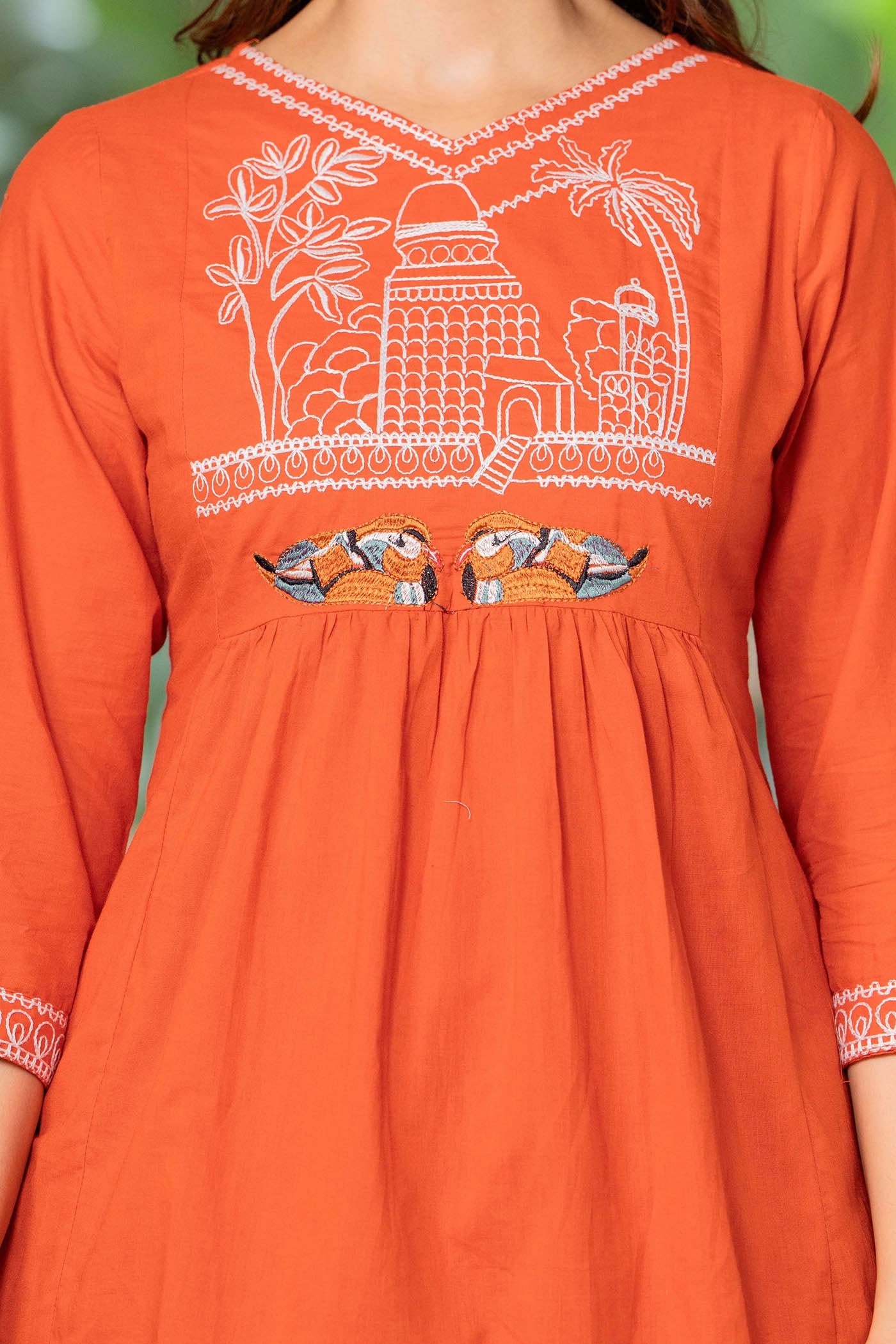 Women’s Rust Orange Embroidered Kurti with Palazzo Set Orange Embroidered Kurti with Palazzo Set, Long Sleeve, Traditional Indian Ethnic Wear