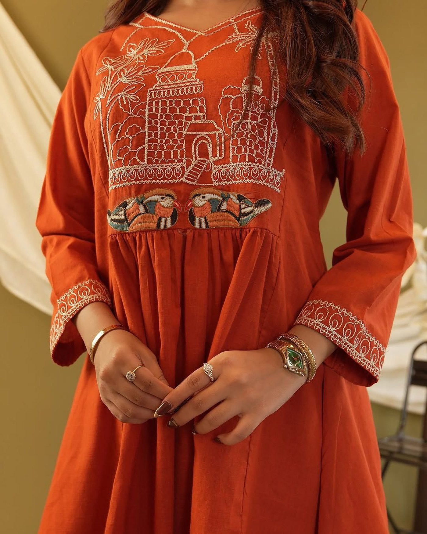 Women’s Rust Orange Embroidered Kurti with Palazzo Set Orange Embroidered Kurti with Palazzo Set, Long Sleeve, Traditional Indian Ethnic Wear