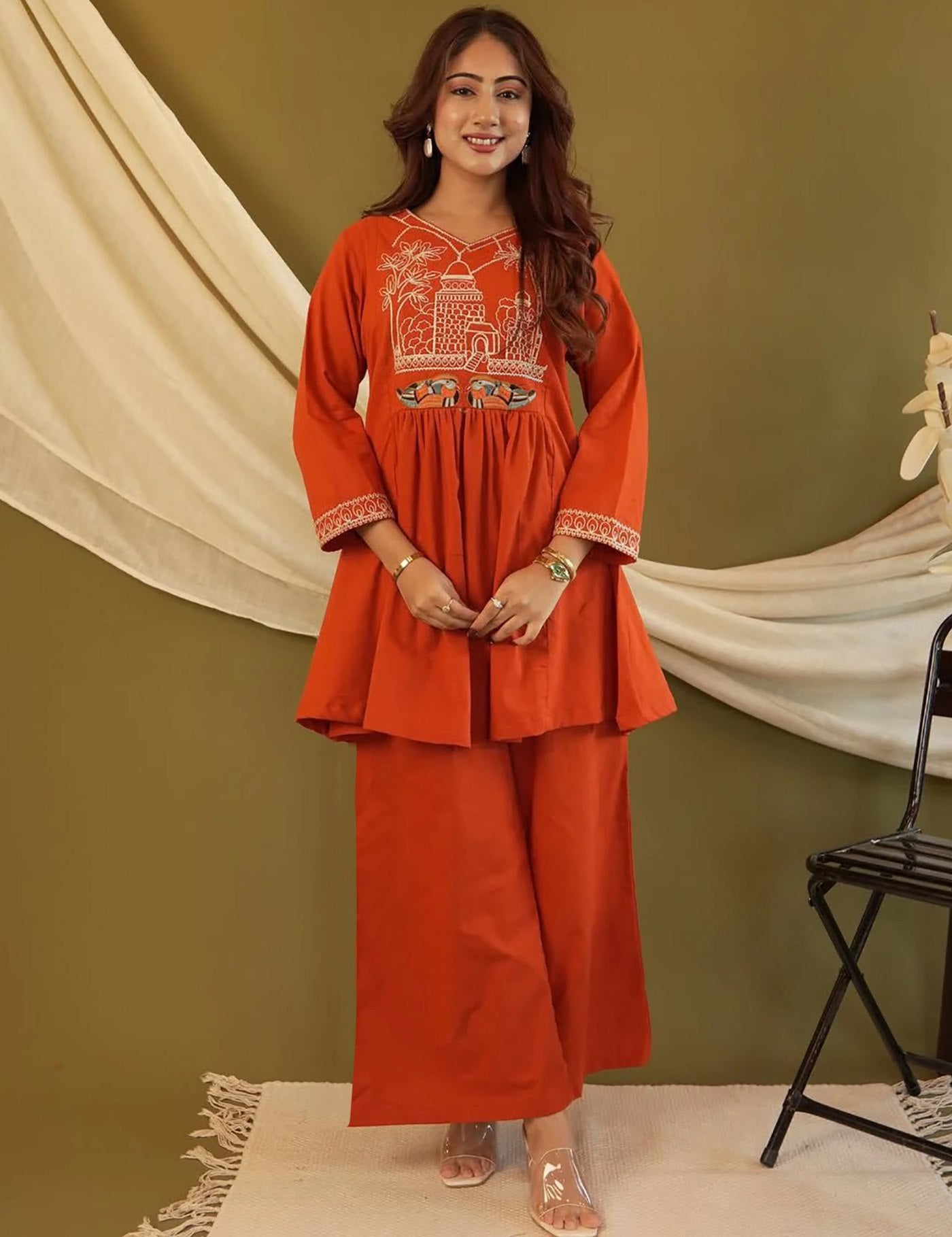 Women’s Rust Orange Embroidered Kurti with Palazzo Set Orange Embroidered Kurti with Palazzo Set, Long Sleeve, Traditional Indian Ethnic Wear