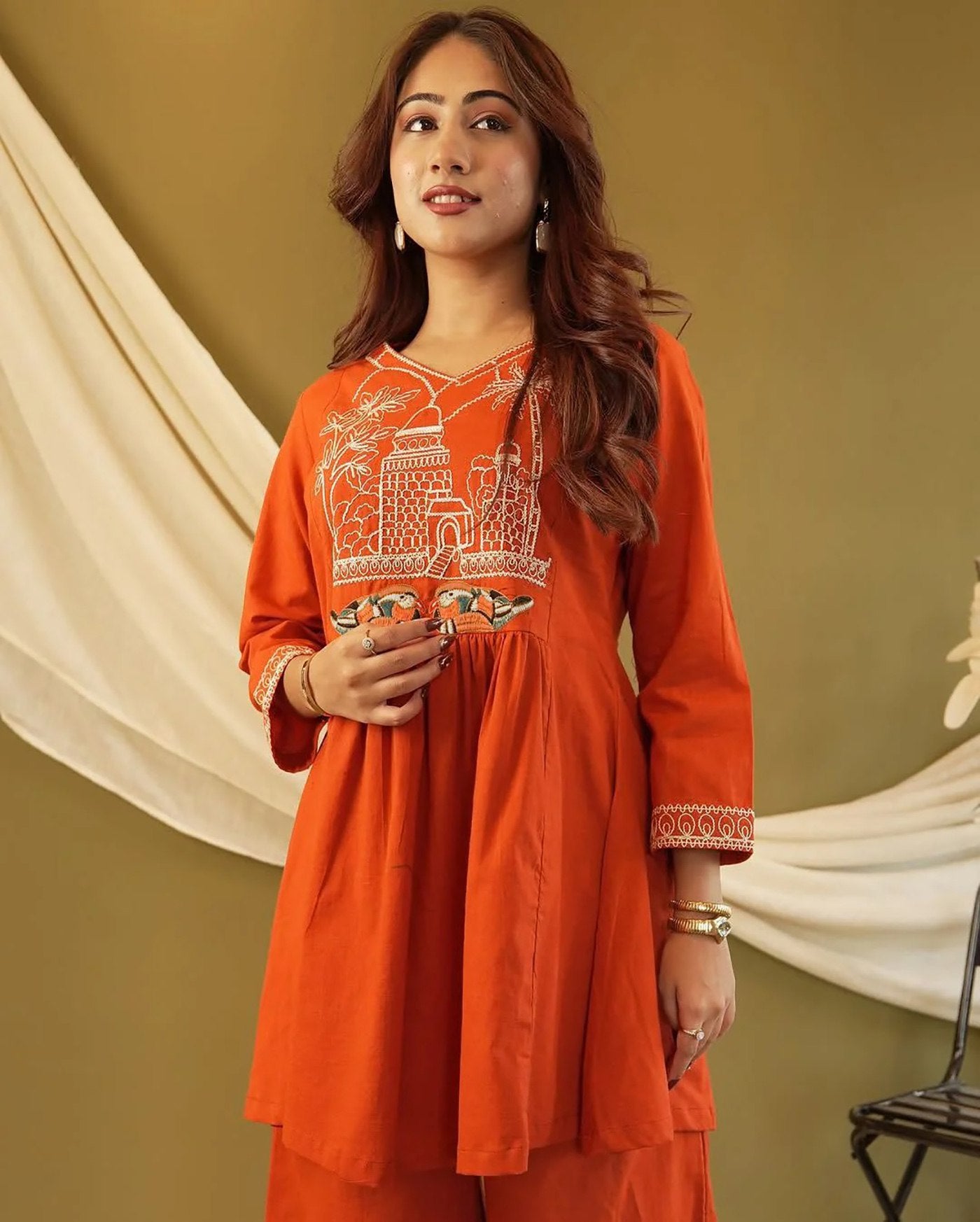 Women’s Rust Orange Embroidered Kurti with Palazzo Set Orange Embroidered Kurti with Palazzo Set, Long Sleeve, Traditional Indian Ethnic Wear