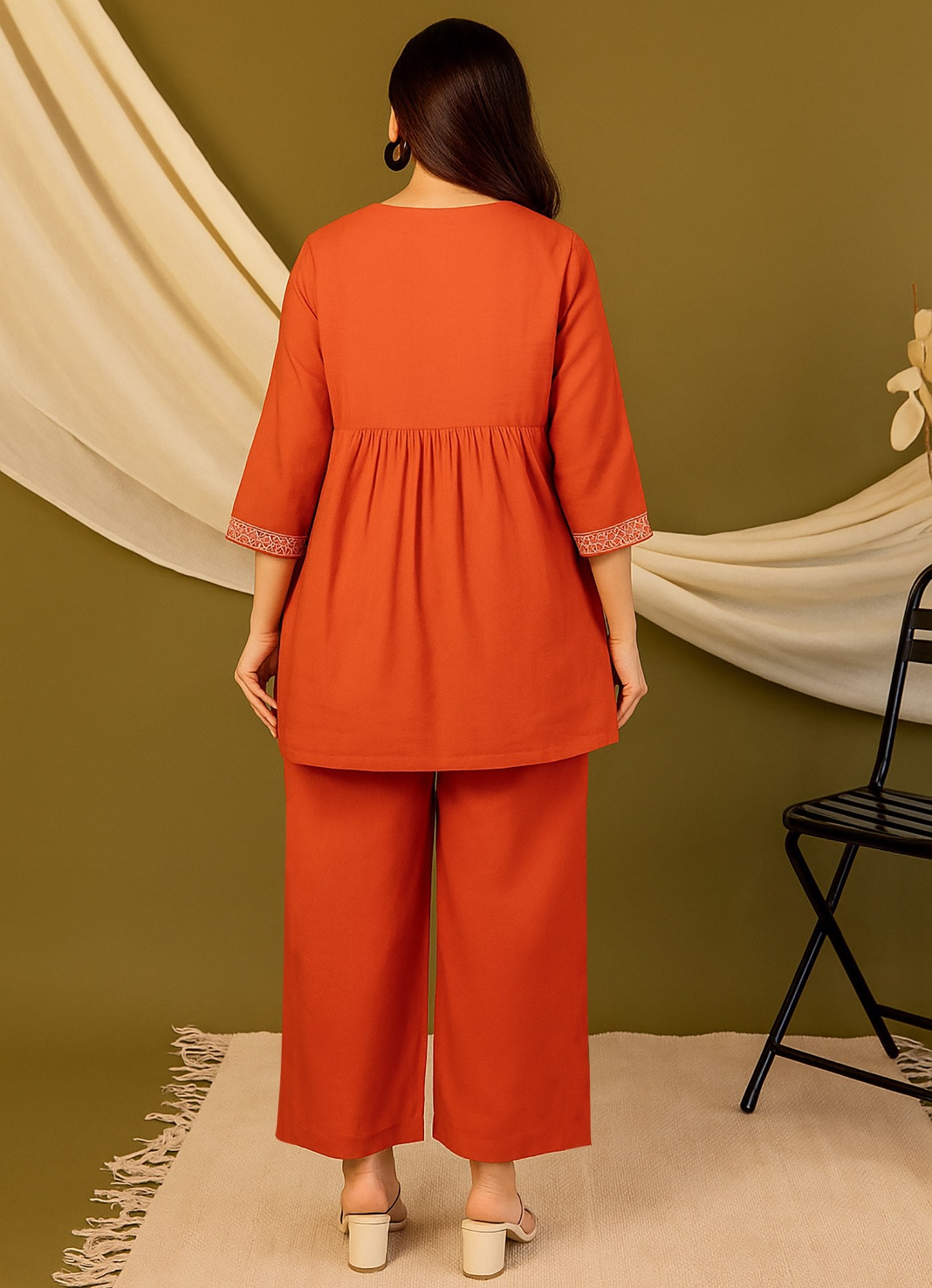Women’s Rust Orange Embroidered Kurti with Palazzo Set Orange Embroidered Kurti with Palazzo Set, Long Sleeve, Traditional Indian Ethnic Wear