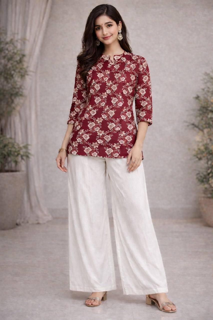 Women’s Maroon Floral Printed Kurti with white Palazzo Set | Elegant Ethnic Co-Ord Set for Women | Casual & Festive Wear