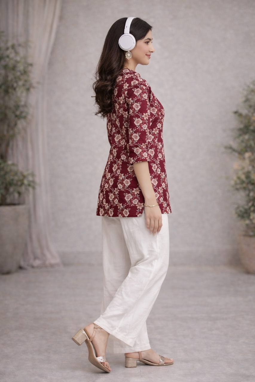 Women’s Maroon Floral Printed Kurti with white Palazzo Set | Elegant Ethnic Co-Ord Set for Women | Casual & Festive Wear