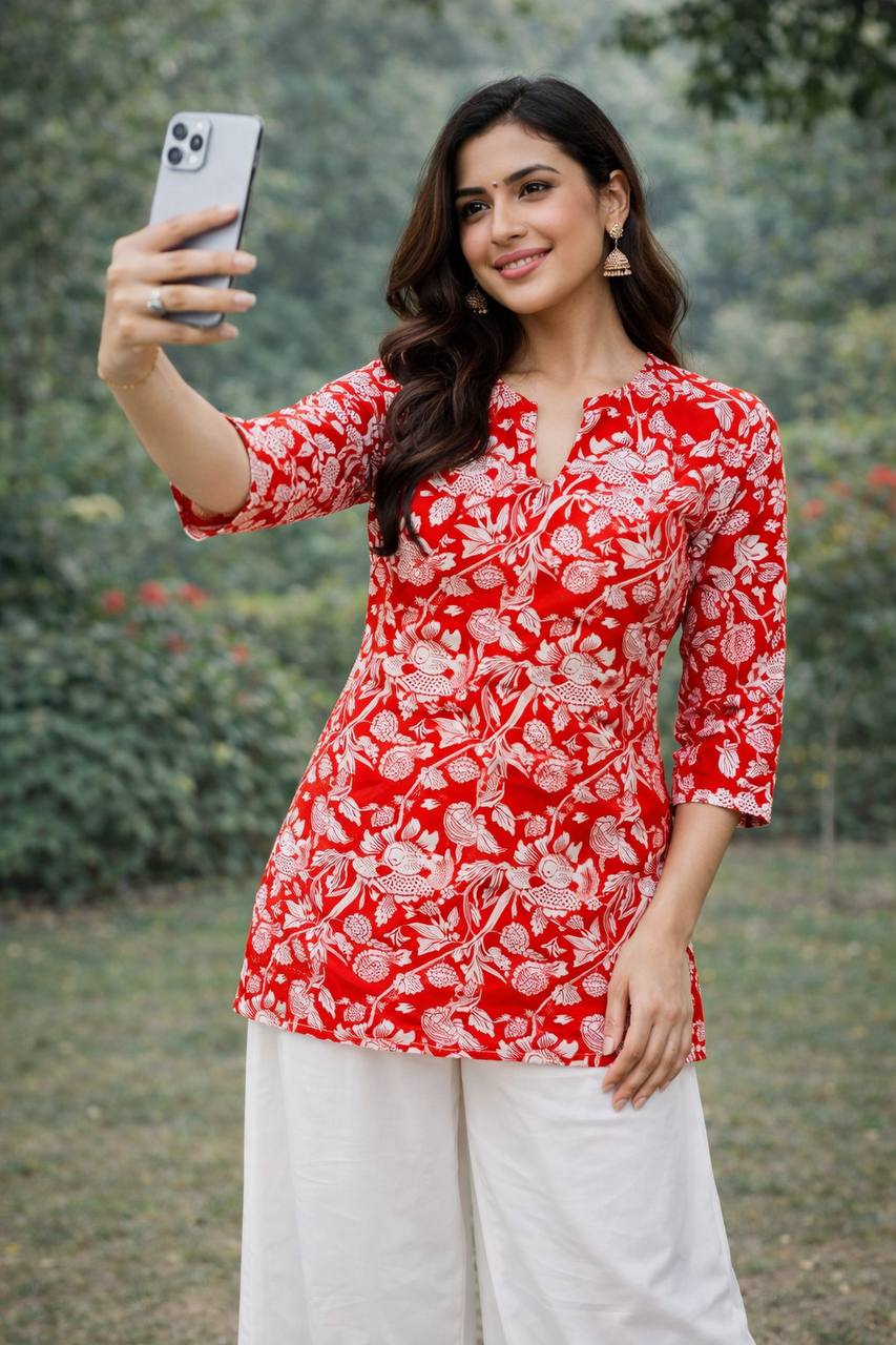 Red kurta with white floral print
