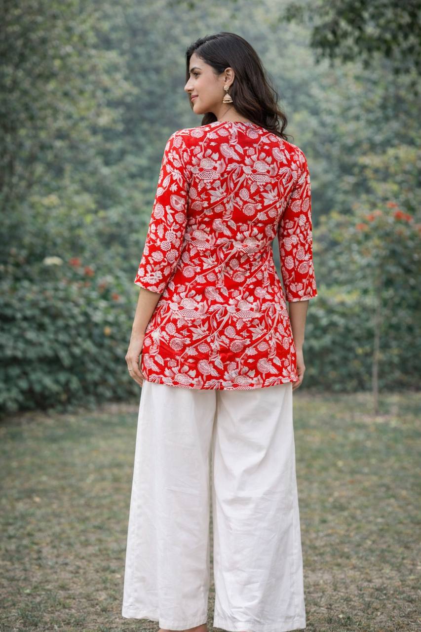 Red kurta with white floral print