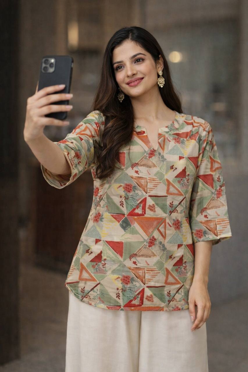 GeoCharm Multicolor Geometric Printed Top with Cream Wide-Leg Pants – Modern Casual Comfort