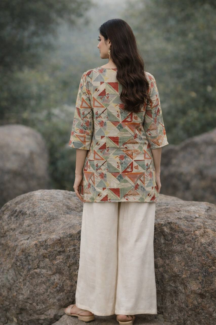 GeoCharm Multicolor Geometric Printed Top with Cream Wide-Leg Pants – Modern Casual Comfort