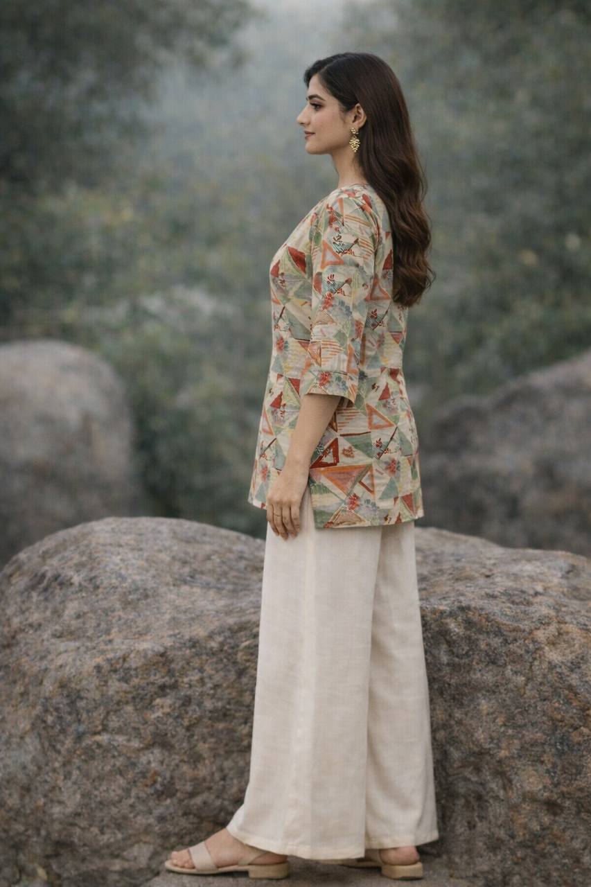 GeoCharm Multicolor Geometric Printed Top with Cream Wide-Leg Pants – Modern Casual Comfort