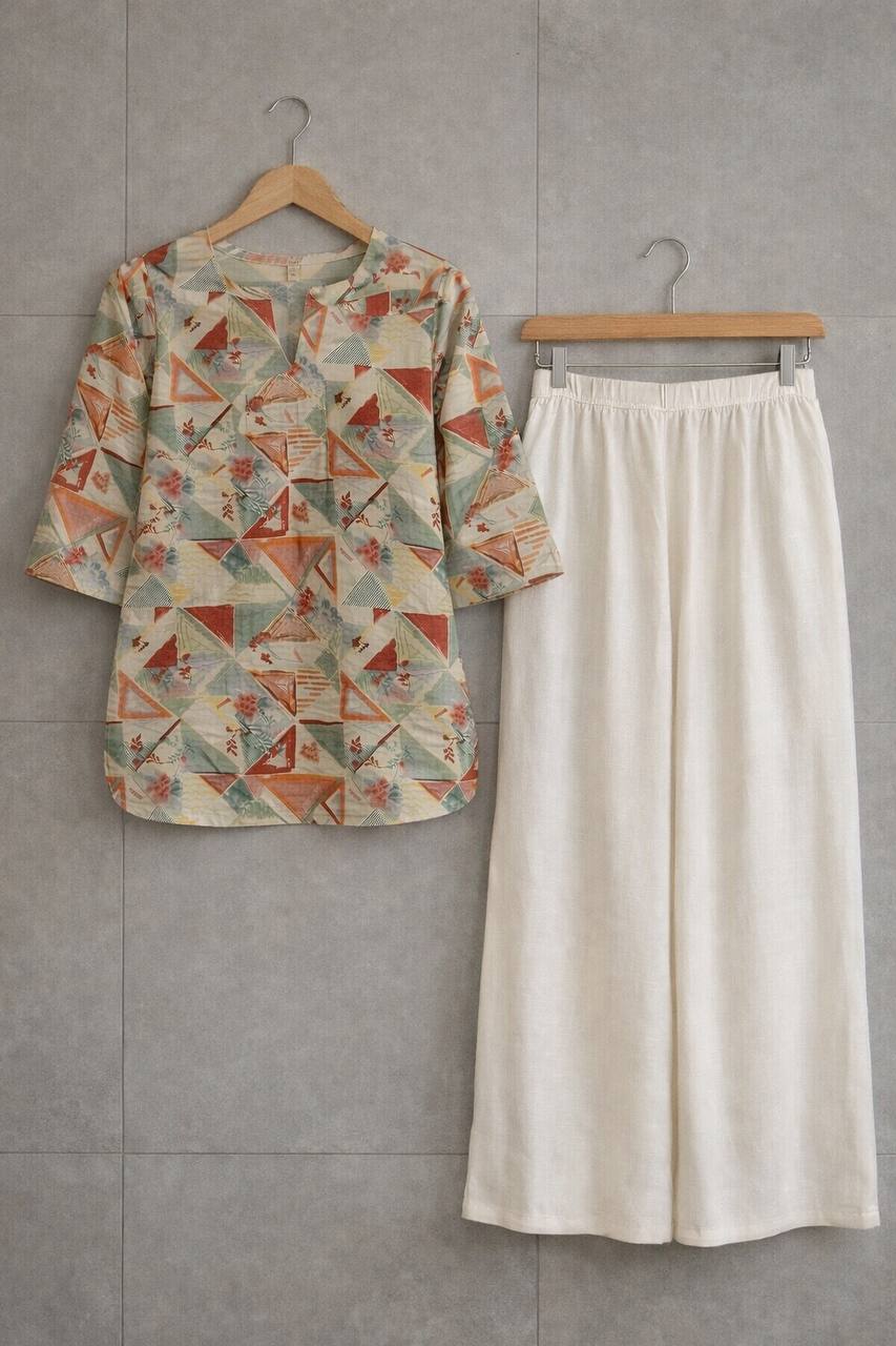 GeoCharm Multicolor Geometric Printed Top with Cream Wide-Leg Pants – Modern Casual Comfort