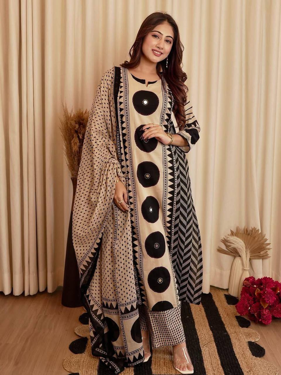 Women’s Stylish Beige & Black Printed Kurta Set with Dupatta | Designer Ethnic Wear for Women