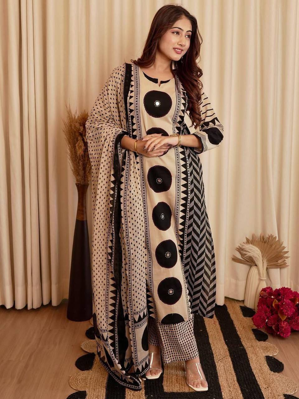 Women’s Stylish Beige & Black Printed Kurta Set with Dupatta | Designer Ethnic Wear for Women