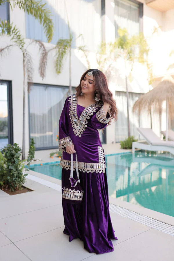 Luxury Blue & Purple Velvet Sharara Set with Zari & Mirror Work