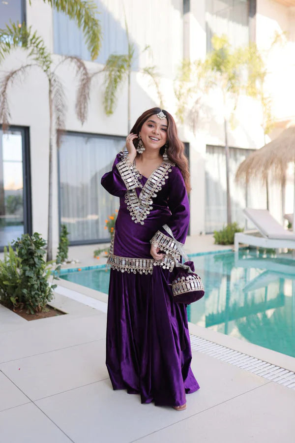 Luxury Blue & Purple Velvet Sharara Set with Zari & Mirror Work