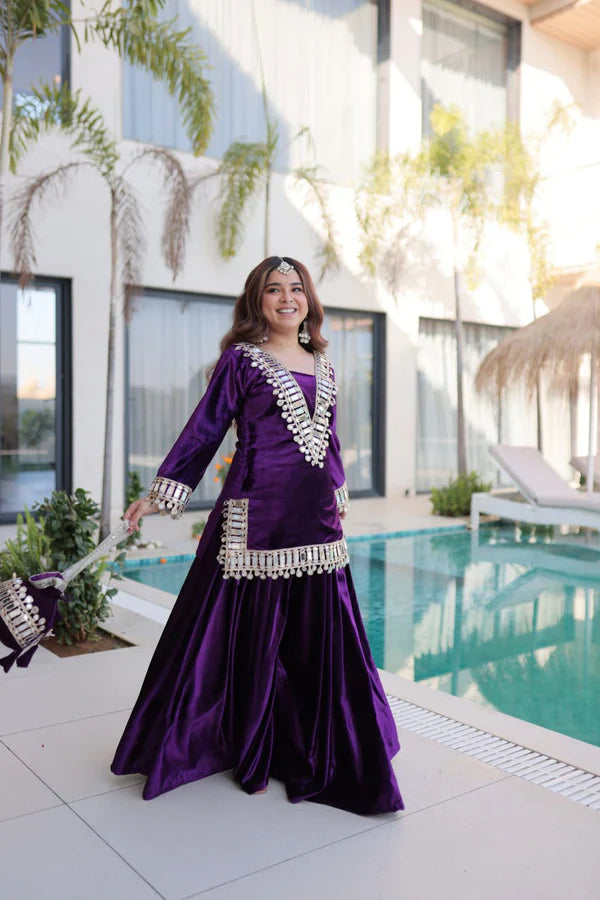 Luxury Blue & Purple Velvet Sharara Set with Zari & Mirror Work