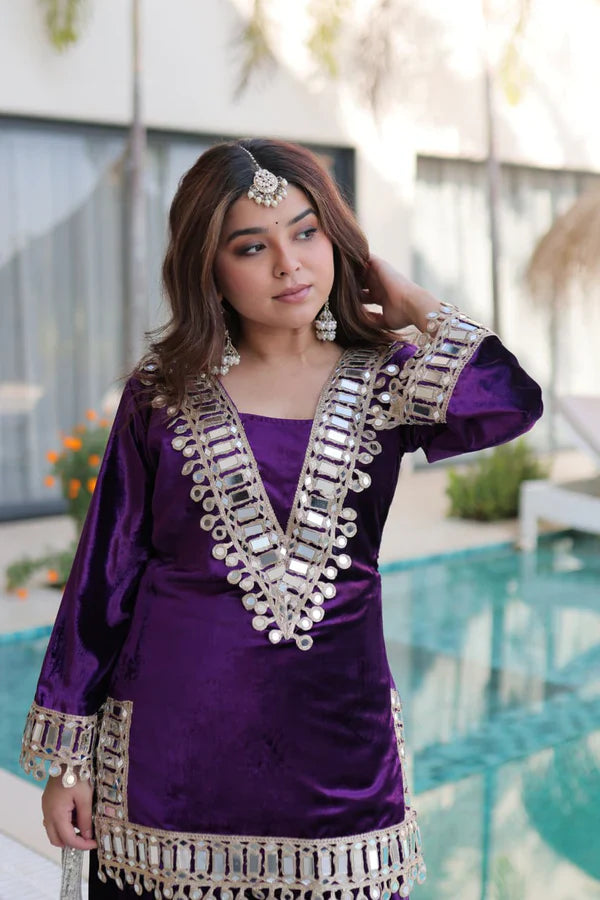 Luxury Blue & Purple Velvet Sharara Set with Zari & Mirror Work