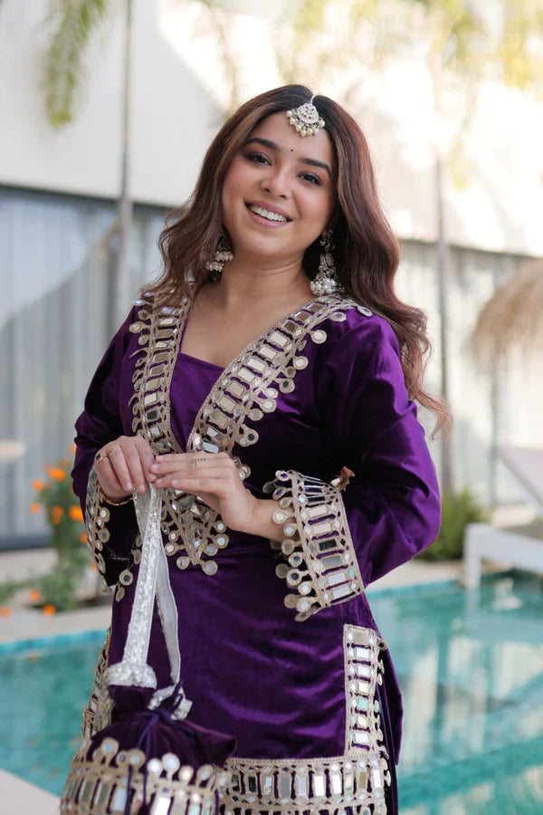 Luxury Blue & Purple Velvet Sharara Set with Zari & Mirror Work