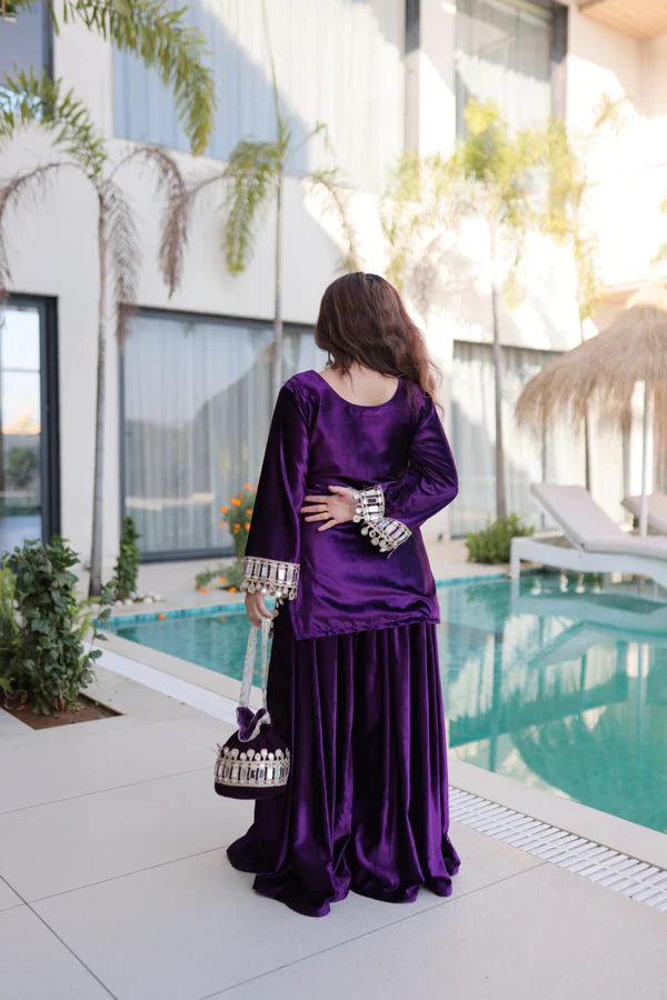 Luxury Blue & Purple Velvet Sharara Set with Zari & Mirror Work
