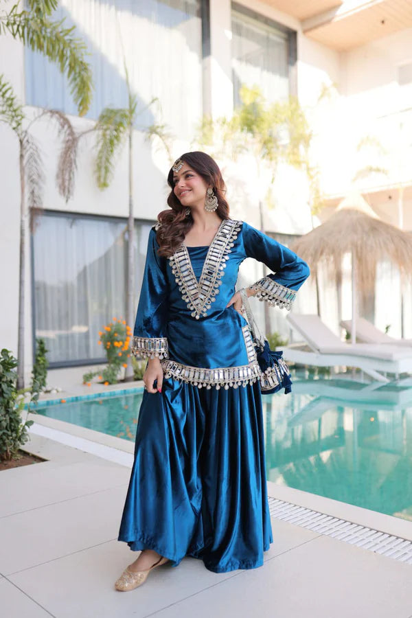 Luxury Blue & Purple Velvet Sharara Set with Zari & Mirror Work