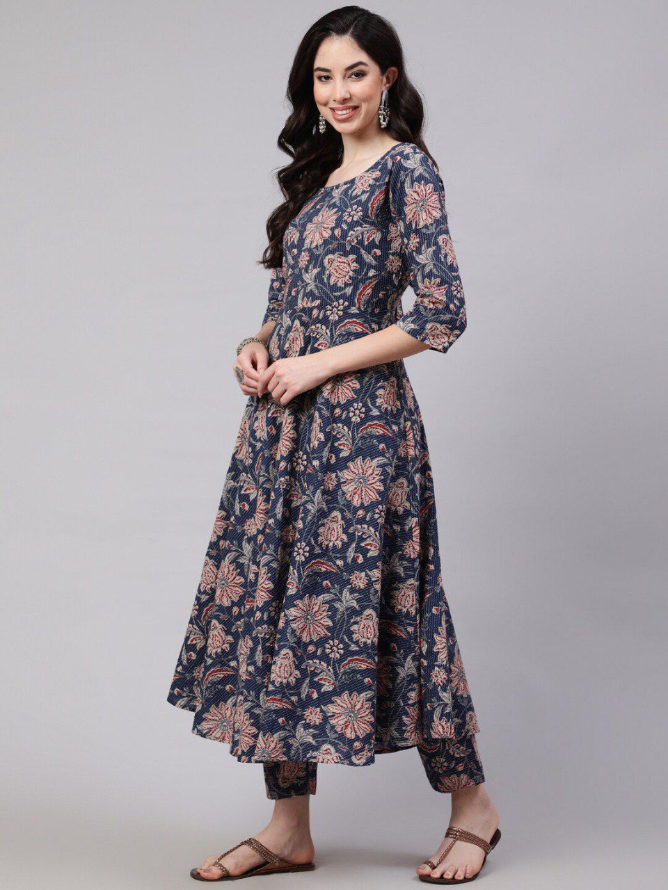 Women’s Blue Floral Printed Anarkali Kurta Set with Pant & Contrast Dupatta | Elegant Ethnic Wear | 3/4 Sleeve Flared Kurti | Soft Fabric Festive, Office & Casual Wear