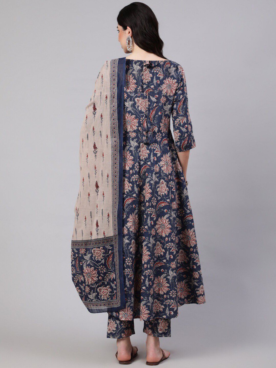 Women’s Blue Floral Printed Anarkali Kurta Set with Pant & Contrast Dupatta | Elegant Ethnic Wear | 3/4 Sleeve Flared Kurti | Soft Fabric Festive, Office & Casual Wear