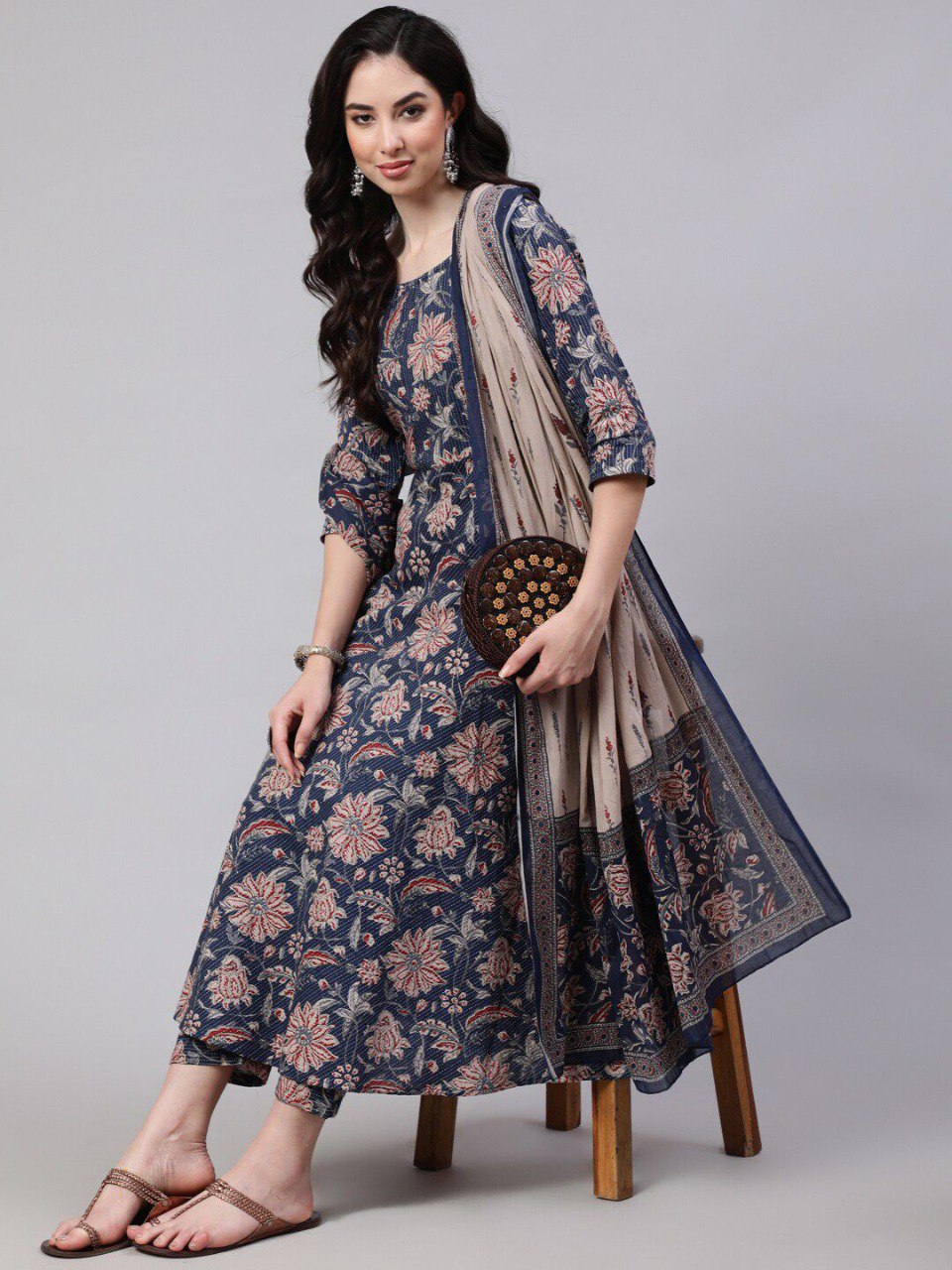 Women’s Blue Floral Printed Anarkali Kurta Set with Pant & Contrast Dupatta | Elegant Ethnic Wear | 3/4 Sleeve Flared Kurti | Soft Fabric Festive, Office & Casual Wear