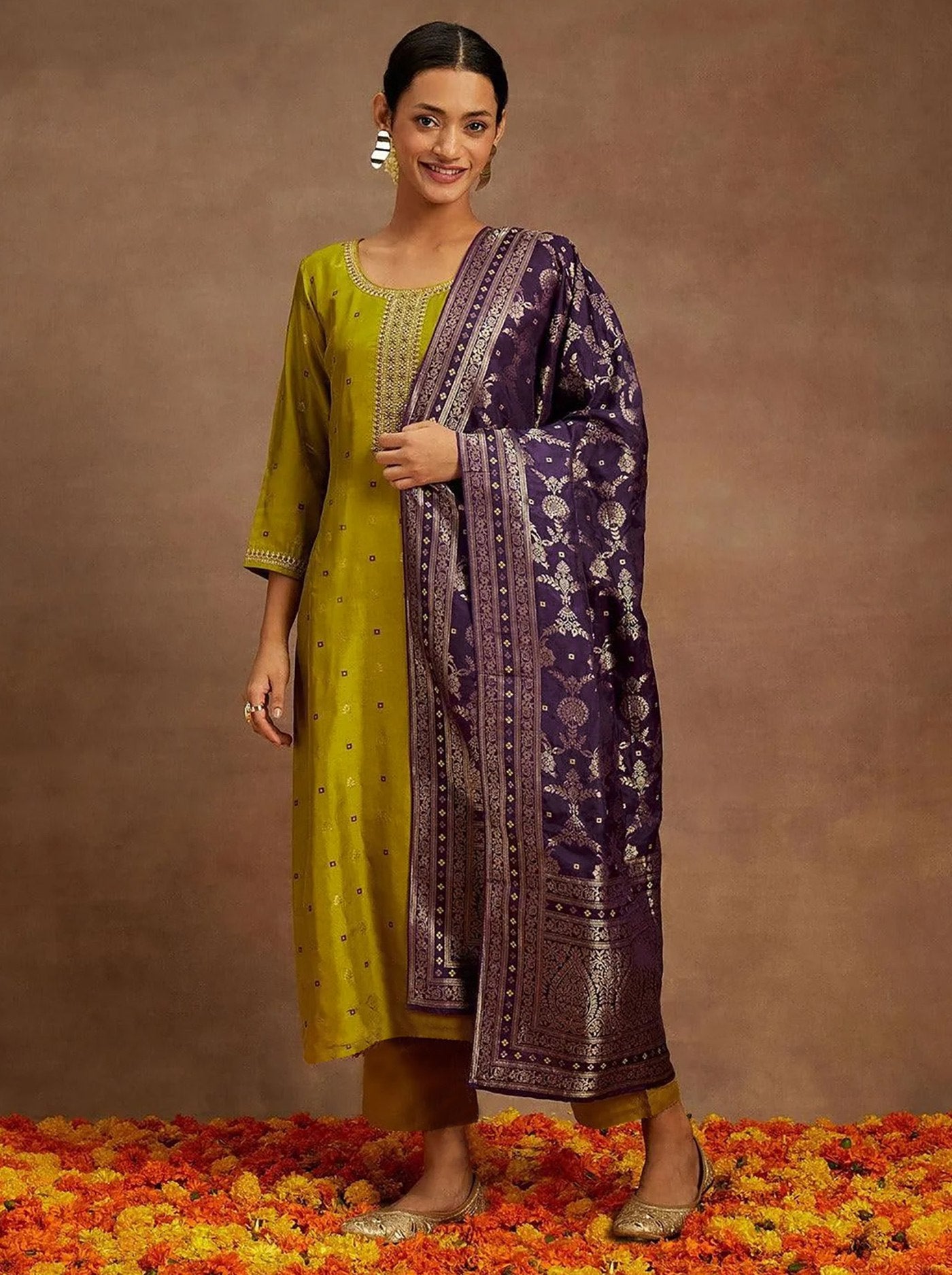 Women Mustard Yellow Kurta Pant Set with Purple Jacquard Dupatta
