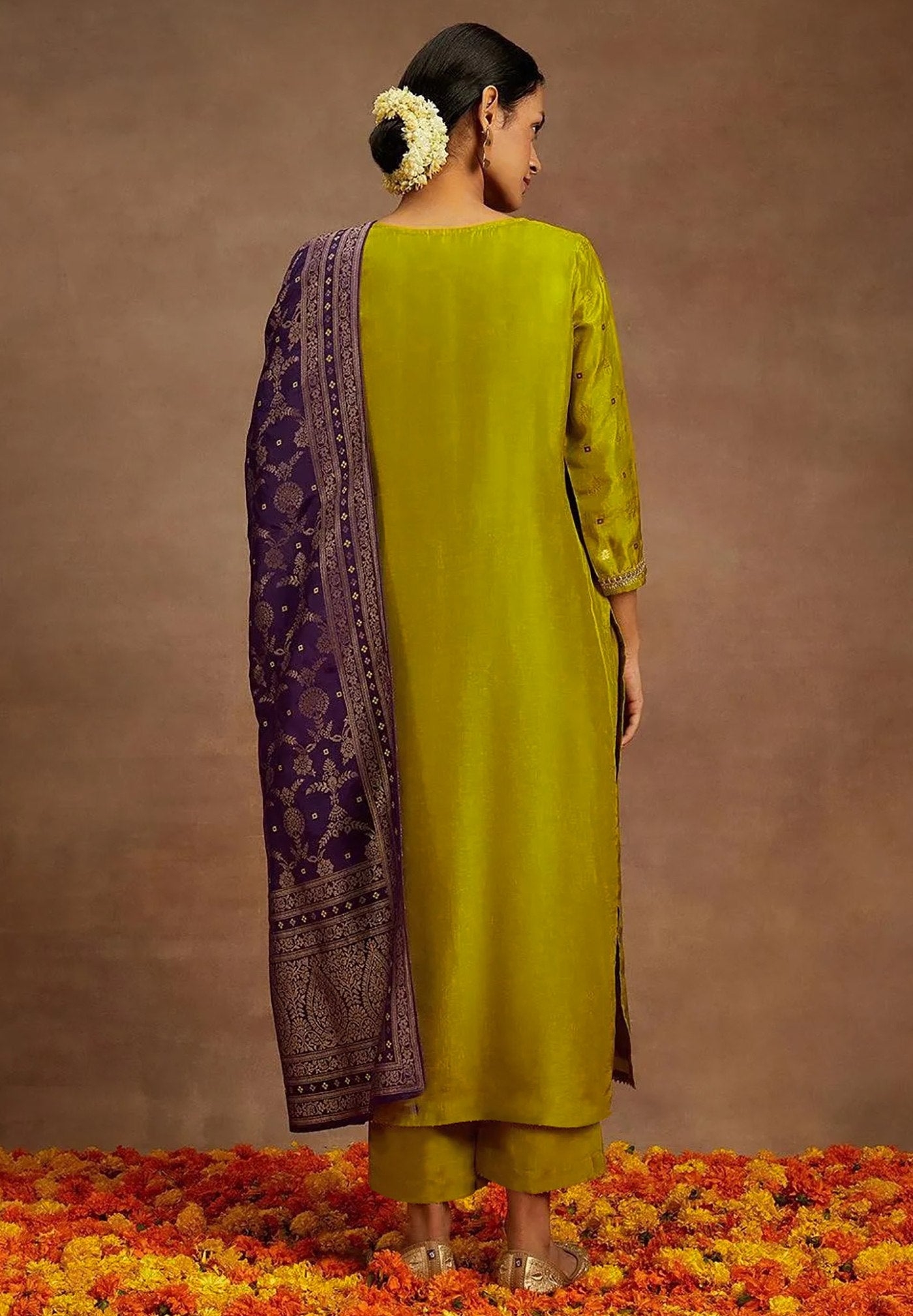 Women Mustard Yellow Kurta Pant Set with Purple Jacquard Dupatta