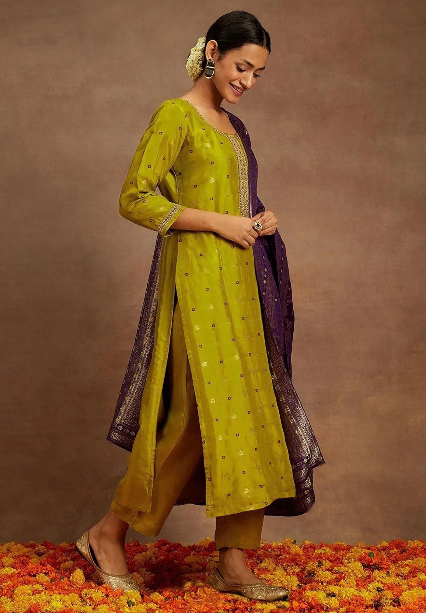 Women Mustard Yellow Kurta Pant Set with Purple Jacquard Dupatta