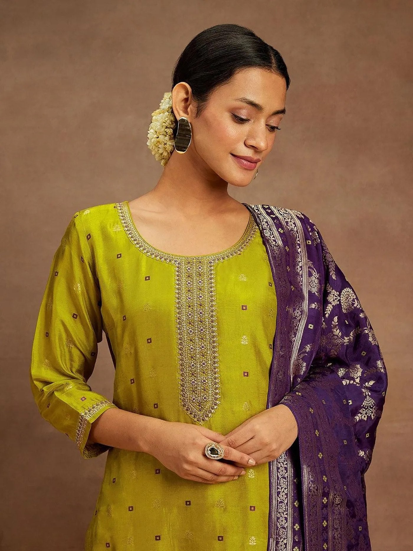 Women Mustard Yellow Kurta Pant Set with Purple Jacquard Dupatta