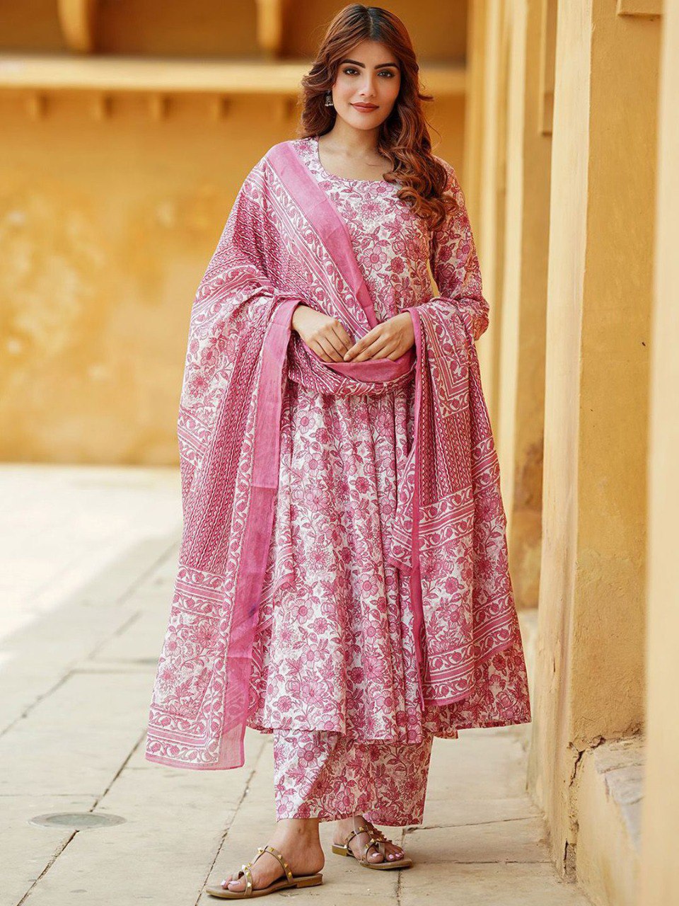 Women’s Pink Floral Printed Anarkali Kurta Set with Pant & Dupatta | Elegant Ethnic Wear | 3/4 Sleeve Flared Kurti | Soft Fabric Festive & Casual Wear for Women