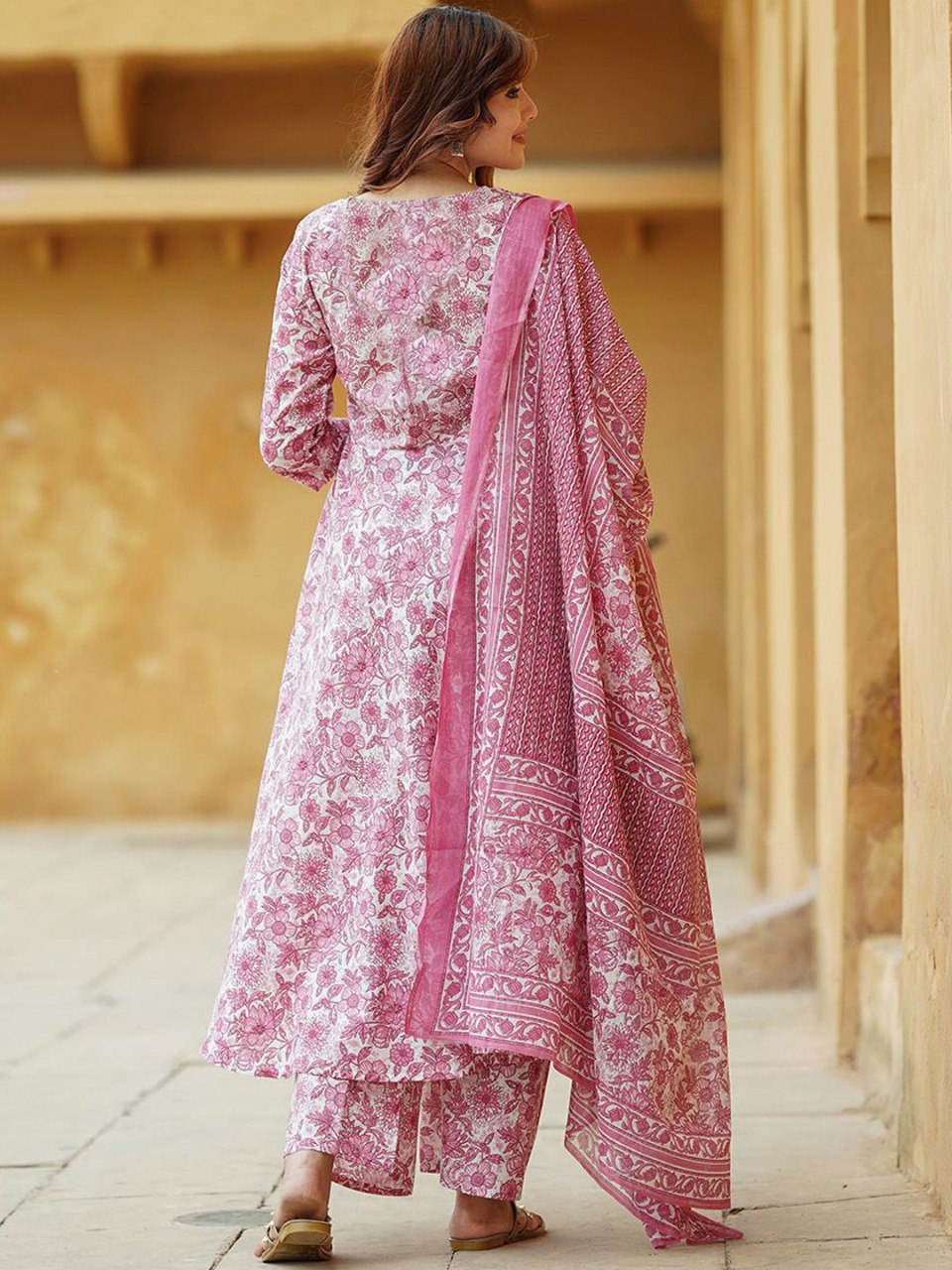 Women’s Pink Floral Printed Anarkali Kurta Set with Pant & Dupatta | Elegant Ethnic Wear | 3/4 Sleeve Flared Kurti | Soft Fabric Festive & Casual Wear for Women
