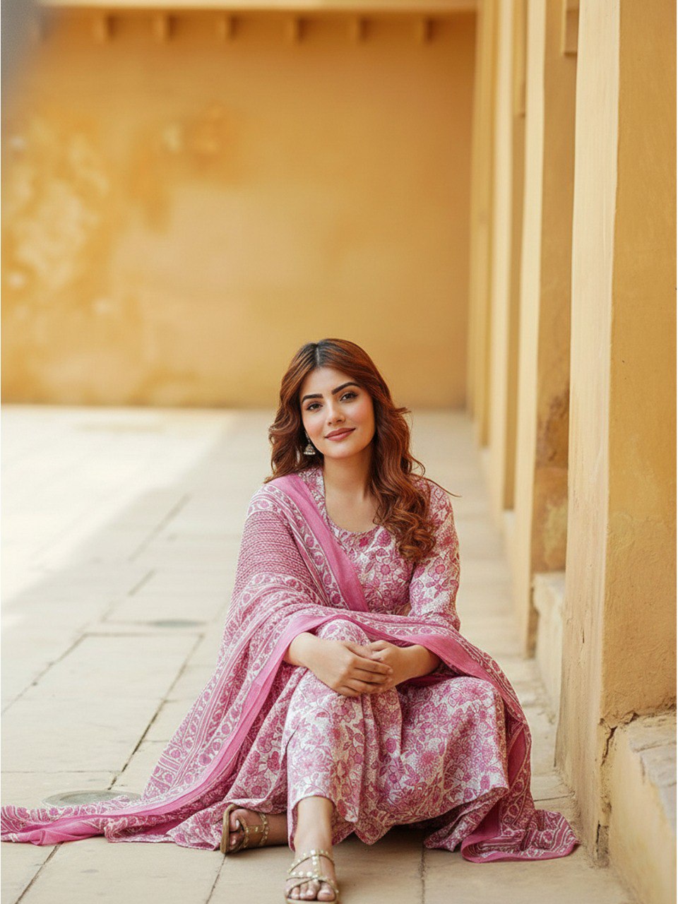 Women’s Pink Floral Printed Anarkali Kurta Set with Pant & Dupatta | Elegant Ethnic Wear | 3/4 Sleeve Flared Kurti | Soft Fabric Festive & Casual Wear for Women