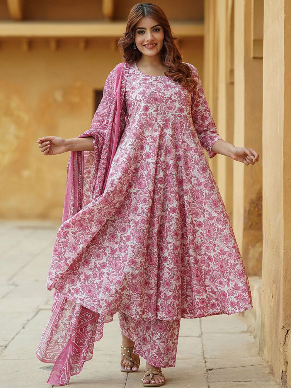 Women’s Pink Floral Printed Anarkali Kurta Set with Pant & Dupatta | Elegant Ethnic Wear | 3/4 Sleeve Flared Kurti | Soft Fabric Festive & Casual Wear for Women